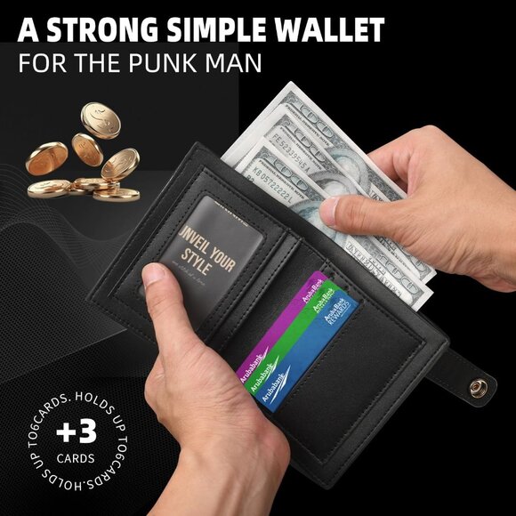 Skull Leather Wallet Gothic Chain Design with Studded Edge - Picture 3 of 7